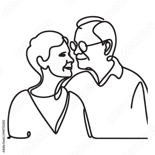 Elderly Couple Silhouette One Line Drawing Vector Art Illustration