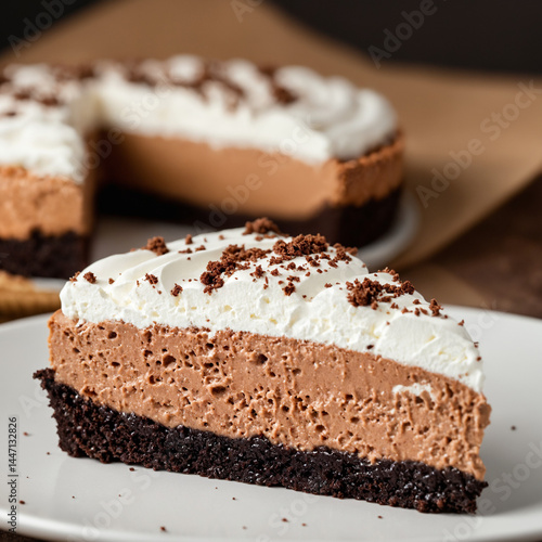 Tempting Chocolate Chiffon Pie Slice With Whipped Cream and Crumbles on Plate