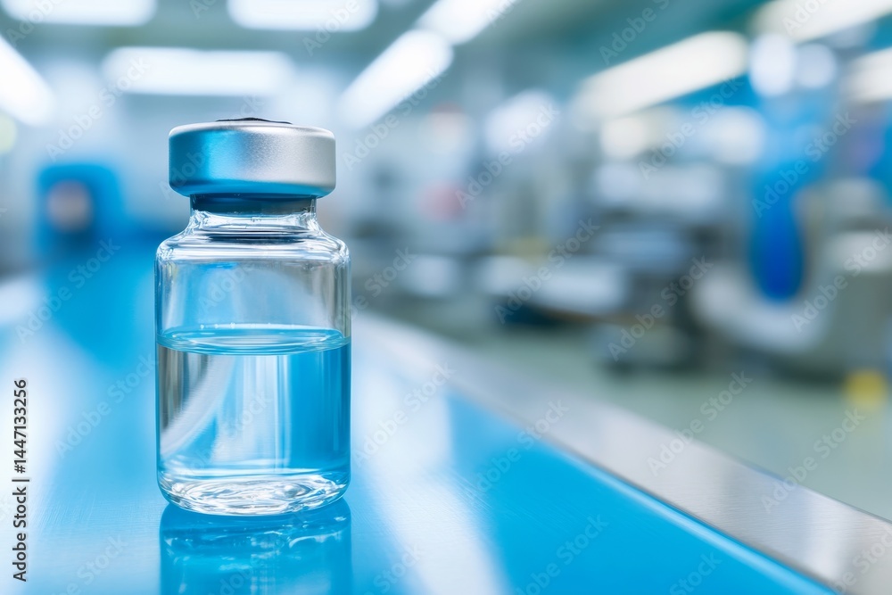 A glass vial travels along an automated conveyor belt in a modern pharmaceutical facility, with machinery blurred in the background and copy space available on the right A glass vial travels along an automated conveyor belt in a modern pharmaceutical facility, with machinery blurred in the background and copy space available on the right