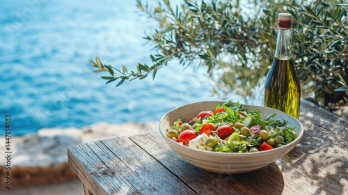 Fresh salad on a wooden table by the sea.  Bowl of mixed greens, tomatoes, olives, and feta cheese.  Olive oil bottle in the background