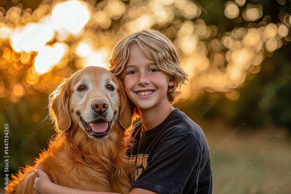 Joyful Boy and Golden Retriever Cuddle in Park Setting Joyful Boy and Golden Retriever Cuddle in Park Setting