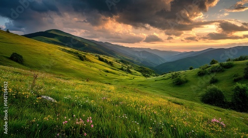 Scenic Rolling Hills Covered with Fresh Grass and Colorful Blooms