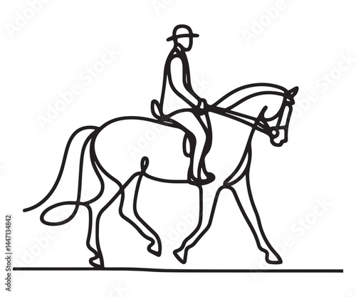 Elegant Single Line Drawing of Equestrian Rider and Horse Silhouette