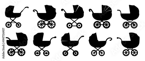 Collection of Various Black Silhouette Baby Strollers on a White Background