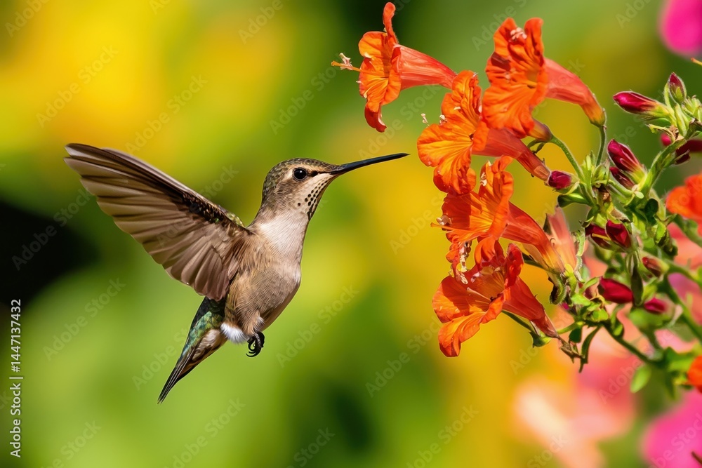 Fototapeta premium Hummingbirds In Flight Surrounded By Colorful Floral Blooms
