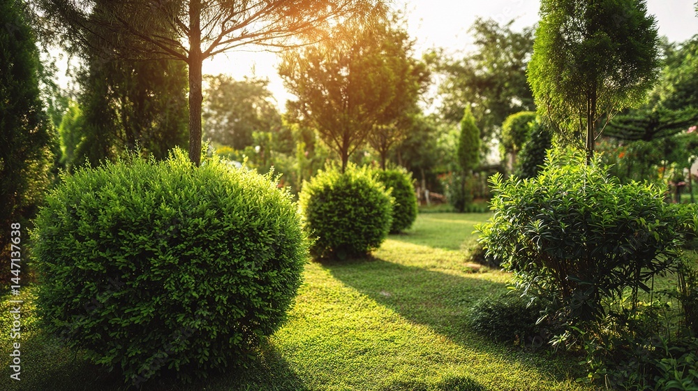 Obraz premium Lush Green Garden with Trimmed Bushes and Bright Sunlight