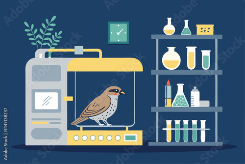 Close-up view of a small bird undergoing medical analysis inside a specialized incubator chamber, veterinary examination.