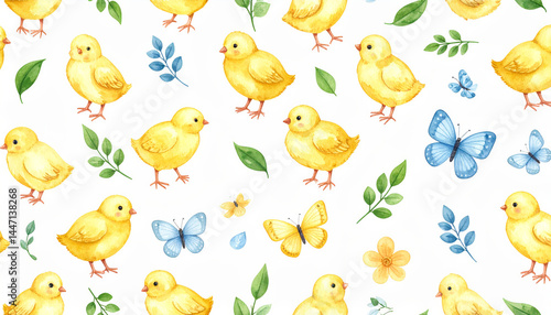 Cute yellow chicks and colorful butterflies create cheerful seamless pattern, perfect for spring themes and children designs. vibrant colors and playful elements evoke sense of joy and warmth