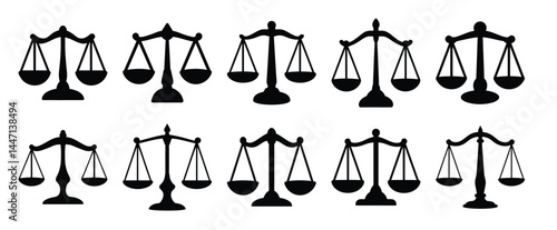 Variety of scales of justice icons representing fairness, balance, and legal system