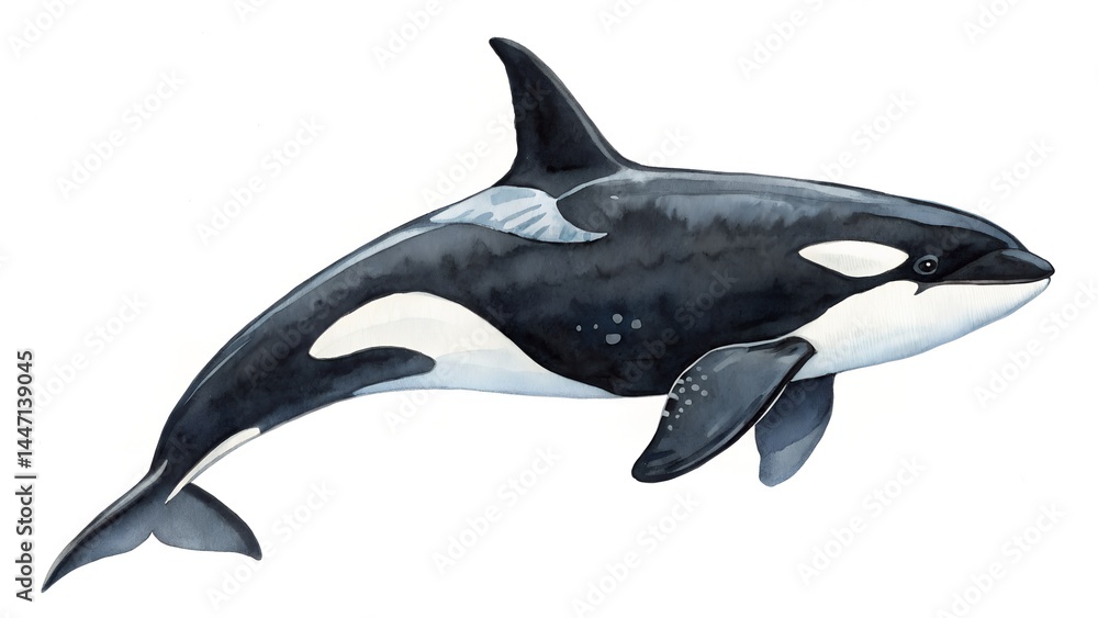Fototapeta premium Watercolor killer whale orca isolated on white, black white marine animal, powerful ocean mammal wildlife illustration