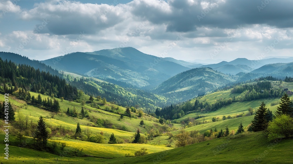 Serene Rolling Hills with Distant Mountain Ridge Under Sunny Sky Serene Rolling Hills with Distant Mountain Ridge Under Sunny Sky