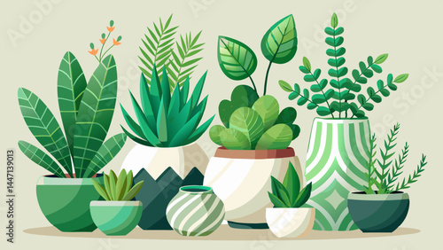 A harmony of green life in beautifully shaped ceramic containers.
From ferns to succulents, each plant is full of delicate detail.
Minimalist white background enhances the visual freshness.
Perfect fo