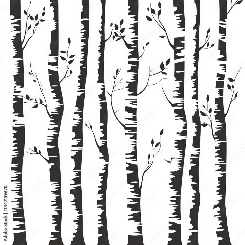 birch tree silhouette , black and white illustration isolated on white background birch tree silhouette , black and white illustration isolated on white background