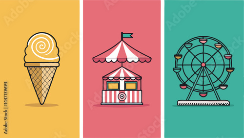 Design a minimalist summer fair poster using iconography.  Feature playful icons representing summer fun, food, and activities.  Employ a vibrant, limited color palette.