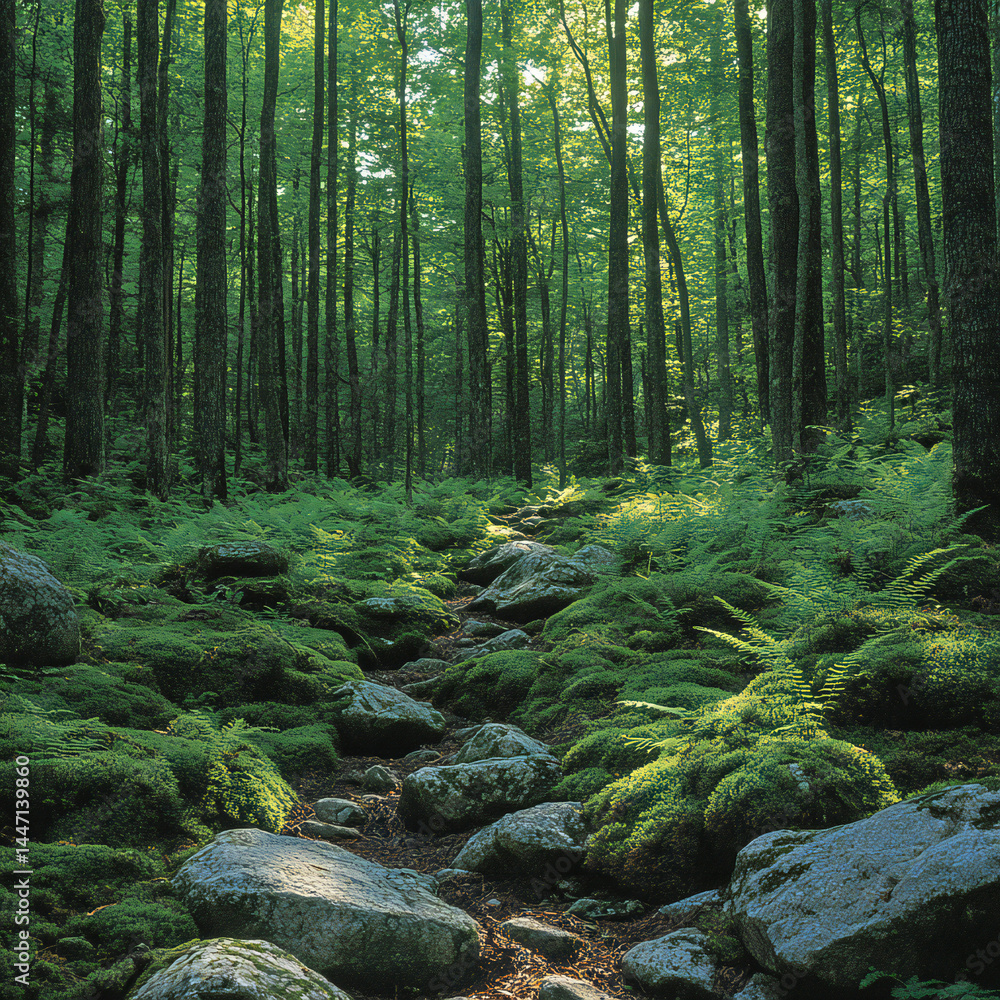 A serene forest scene with towering trees, moss-covered rocks, and delicate ferns growing at the base A serene forest scene with towering trees, moss-covered rocks, and delicate ferns growing at the base