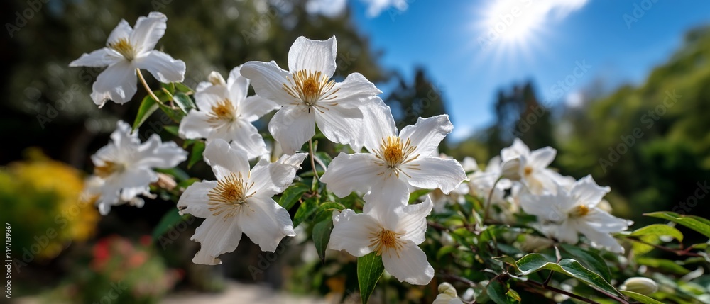 Obraz premium Blossoming white clematis basks under sunlight