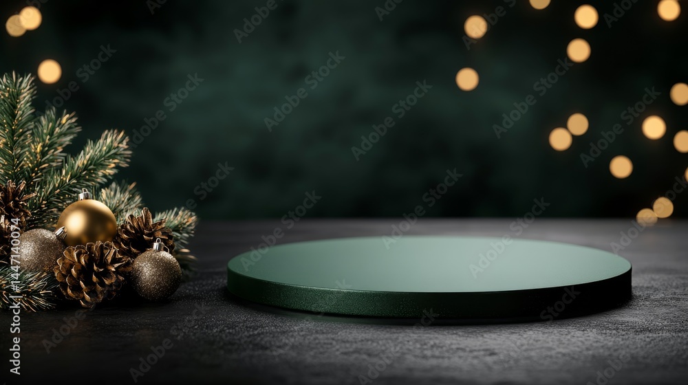 A green podium surrounded by pine branches and golden ornaments, set against a dark green backdrop illuminated by soft fairy lights, perfect for festive displays A green podium surrounded by pine branches and golden ornaments, set against a dark green backdrop illuminated by soft fairy lights, perfect for festive displays
