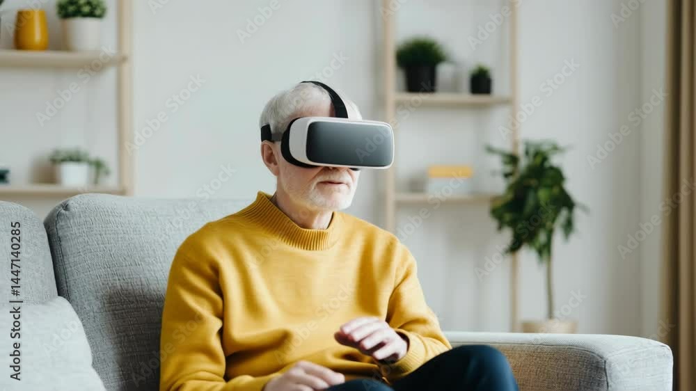 Elderly Man Embraces Modern Technology Immersed in Virtual Reality Headset in Comfortable Living Room, Exploring New Dimensions of Engagement and Curiosity. Elderly Man Embraces Modern Technology Immersed in Virtual Reality Headset in Comfortable Living Room, Exploring New Dimensions of Engagement and Curiosity.