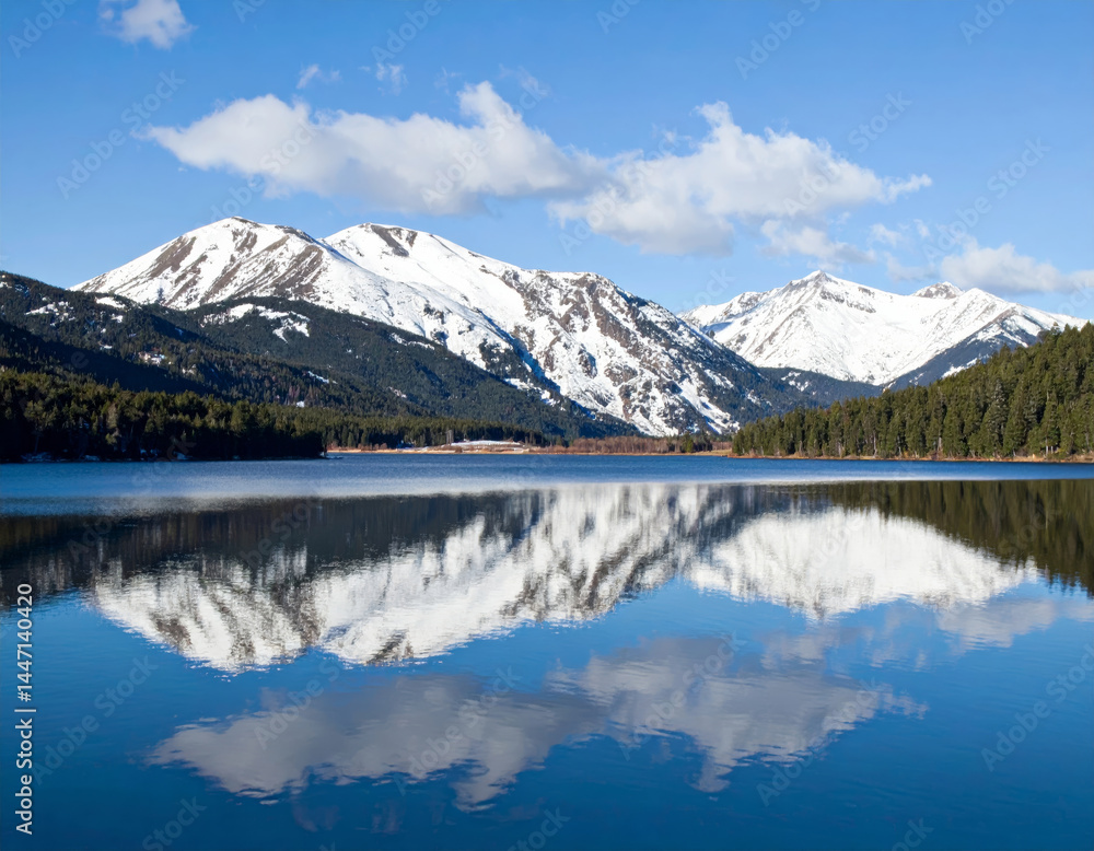 serene snowy mountain landscape reflects beautifully on calm lake, surrounded by lush evergreen trees under clear blue sky. tranquil scene evokes sense of peace and natural beauty serene snowy mountain landscape reflects beautifully on calm lake, surrounded by lush evergreen trees under clear blue sky. tranquil scene evokes sense of peace and natural beauty