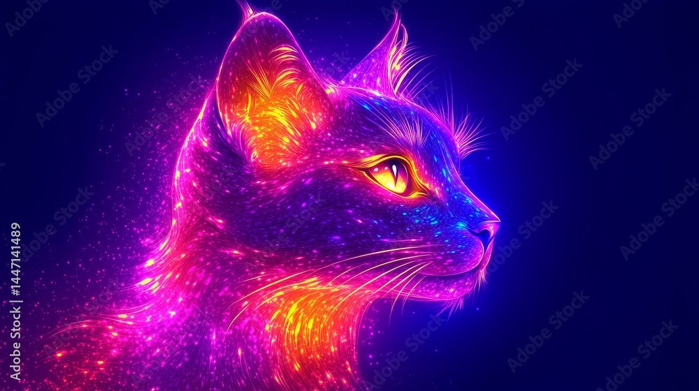 Abstract luminous cat with vibrant neon hues, artistic rendering, cosmic cat profile, vivid colors, animal illustration, feline magic, pet glow, fantasy animal art Abstract luminous cat with vibrant neon hues, artistic rendering, cosmic cat profile, vivid colors, animal illustration, feline magic, pet glow, fantasy animal art