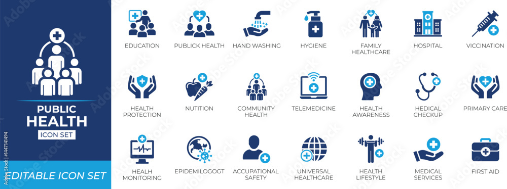 Φωτογραφία Public health icon set featuring healthcare safety, nurse, law, insurance, patient, community, support, crowd, policy, hospital, and community wellness symbols
