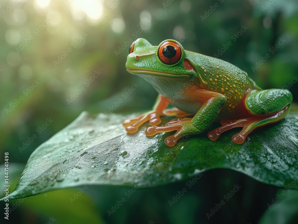 Fototapeta premium Vibrant rainforest habitat showing a whimsical tree frog resting on a lush green leaf in morning light