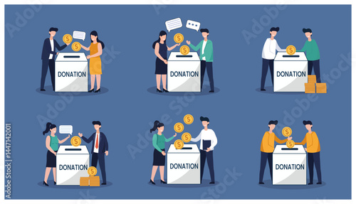 Donation Box with People Giving Coins Vector Illustration Set