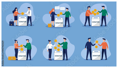 People Donating Money to Charity Box Vector Illustration Set