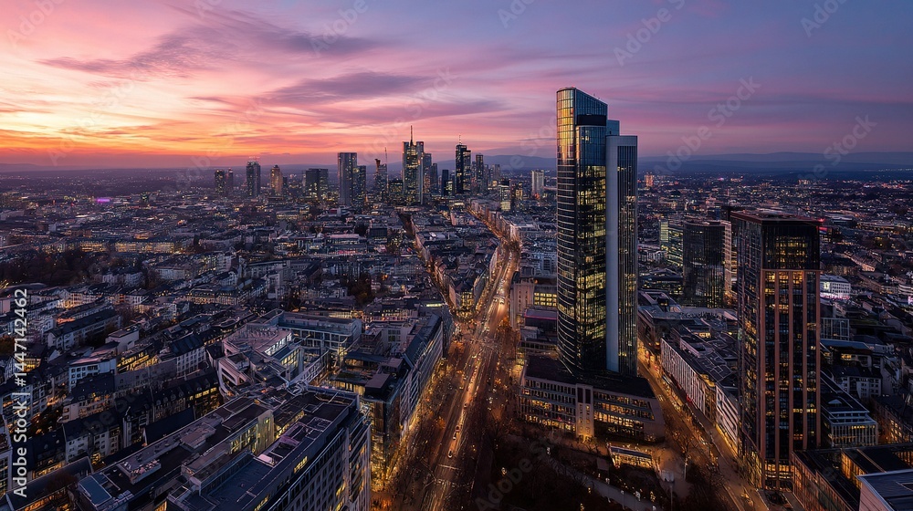 Fototapeta premium Aerial Dusk Panorama of Frankfurt City with High-Resolution Detail