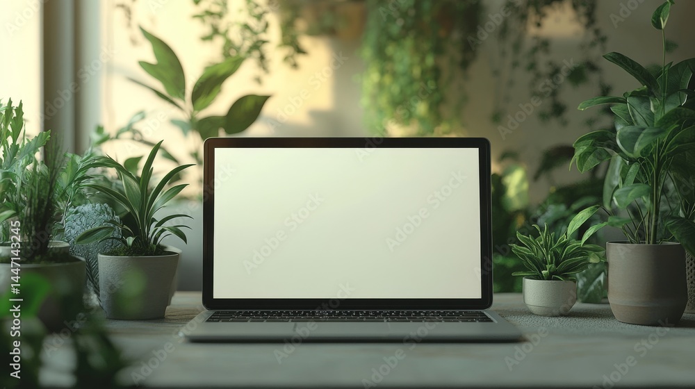 Fototapeta premium Invigorating Workspace: A Modern Laptop Amidst Lush Greenery and Natural Light, Promoting Calm Productivity and a Serene Digital Environment