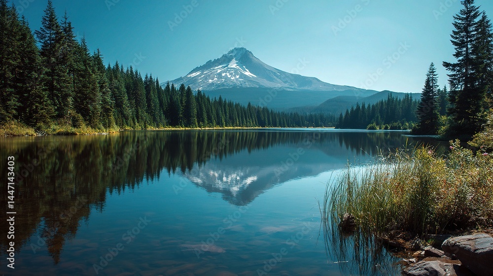 Serene Summer Lake View with Reflection of Mt Hood in Background Serene Summer Lake View with Reflection of Mt Hood in Background