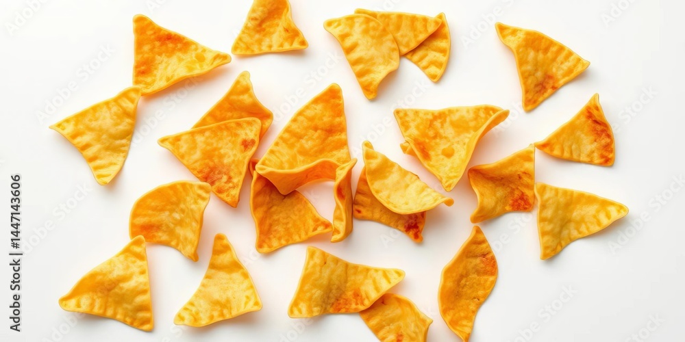 Crispy tortilla chips arranged to resemble flight, isolated on white, junk food, high angle Crispy tortilla chips arranged to resemble flight, isolated on white, junk food, high angle