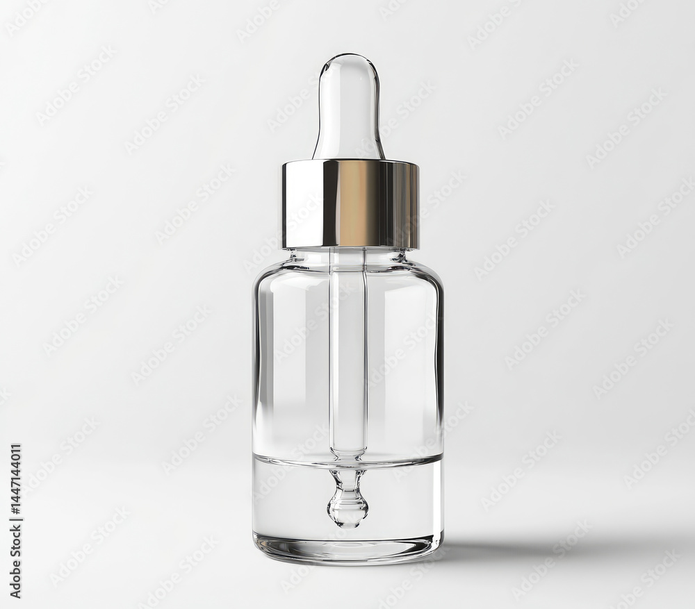 Clear glass dropper bottle, empty, with a gold-colored cap, isolated on a light background. Contains a clear liquid Clear glass dropper bottle, empty, with a gold-colored cap, isolated on a light background. Contains a clear liquid