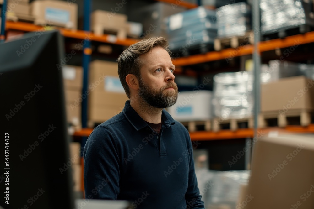 Logistics manager stands focused in warehouse, reviewing inventory levels on computer while surrounded by organized shelves of products ready for distribution Logistics manager stands focused in warehouse, reviewing inventory levels on computer while surrounded by organized shelves of products ready for distribution