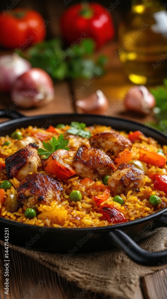 Deliciously aromatic Spanish paella with tender chicken, vibrant veggies, and a hint of saffron served on a rustic wooden table Deliciously aromatic Spanish paella with tender chicken, vibrant veggies, and a hint of saffron served on a rustic wooden table