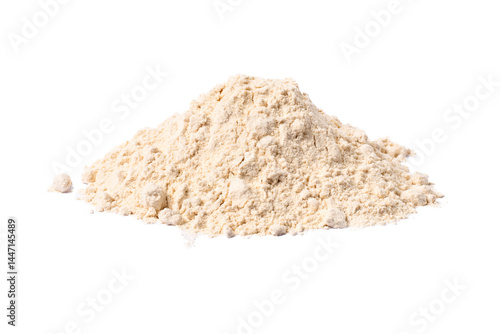 Pile of whey protein powder isolated on white background. (This is photo, not AI generated) 