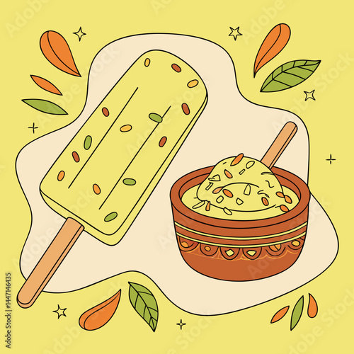 Traditional Indian Kulfi Vector Illustration with Stick and Toppings