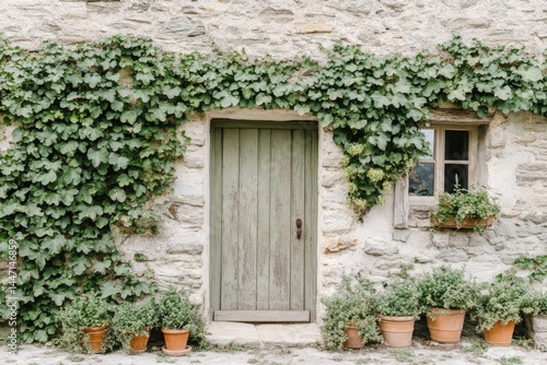 Grey front door of a modern farmhouse stands open  complemented by a charming porch filled with potted plants and vibrant greenery  creating warmth and hospitality