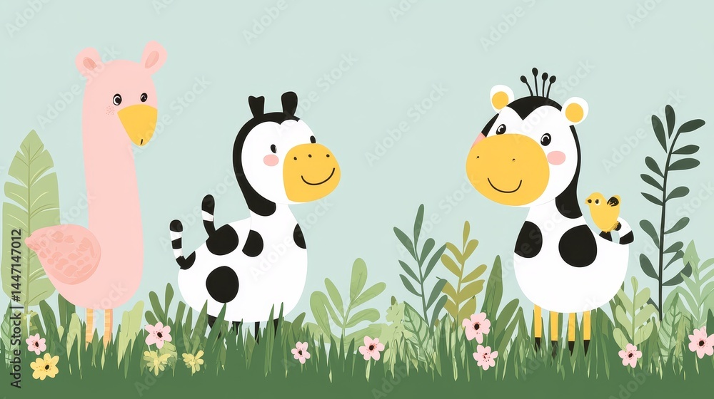 Naklejka premium Charming pixelated farm animal illustration with llama cow and calf on a lush meadow backdrop for children's books invitations and decorations