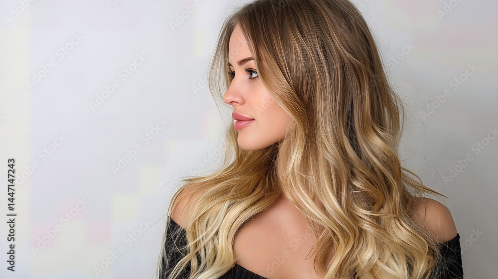 Naklejka premium Young woman with soft balayage highlights shows her long, wavy blond hair cascading gracefully in natural light against a white background.