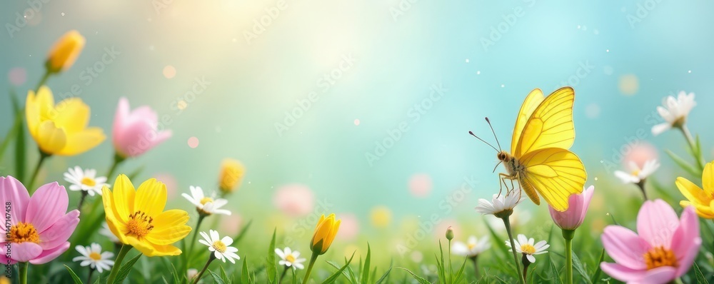 Pastel Easter background, fresh spring flowers, yellow butterfly , hyacinths, daffodils Pastel Easter background, fresh spring flowers, yellow butterfly , hyacinths, daffodils