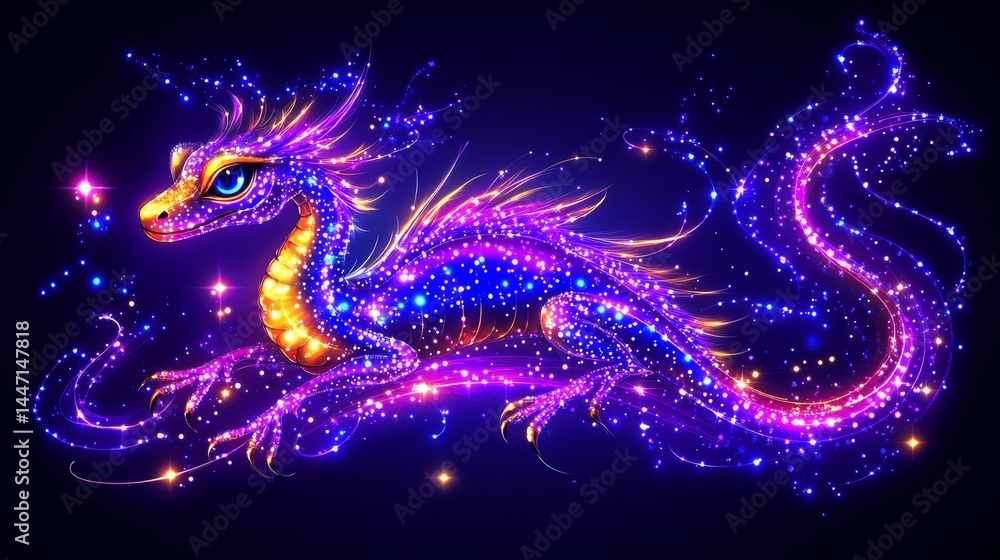 Fototapeta premium Mystical luminescence dragon graphic radiant mythical creature glowing fantasy sparkles shining legendary serpent artistic illustration magic art