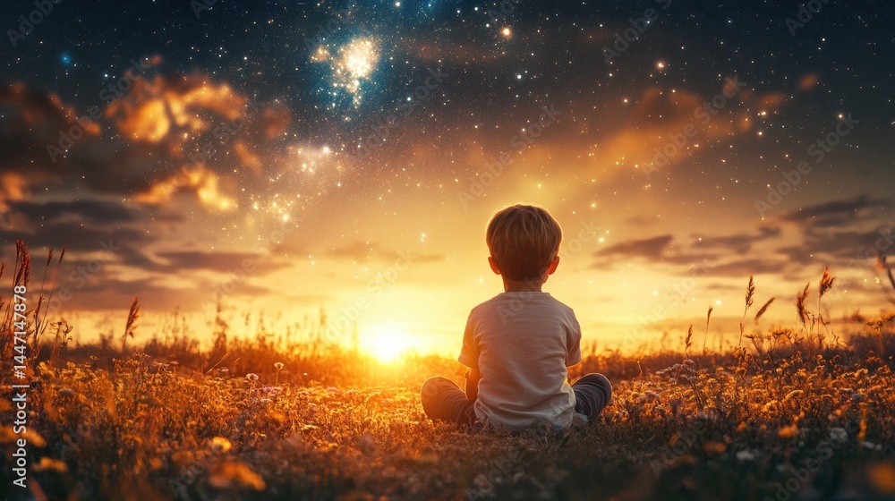Child sits in a field, gazing up at the starry, colorful, sunset sky. Perfect for concepts of childhood dreams, aspirations, and peaceful wonder. Child sits in a field, gazing up at the starry, colorful, sunset sky. Perfect for concepts of childhood dreams, aspirations, and peaceful wonder.