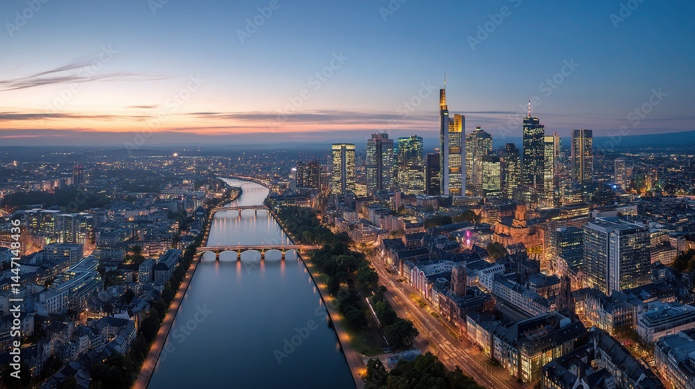 Fototapeta premium High Resolution Aerial Panorama of Frankfurt City at Dusk