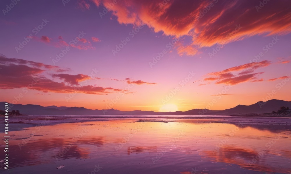 Fototapeta premium Blazing sunset, a canvas of pink, orange, and purple, meets the tranquil horizon , purple, beautiful