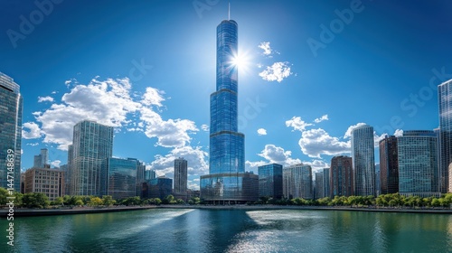 Trump Tower Chicago Skyline Panorama: Sunlit Cityscape