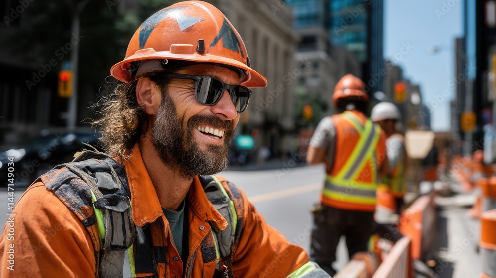 Happy construction worker smiling at urban worksite Happy construction worker smiling at urban worksite
