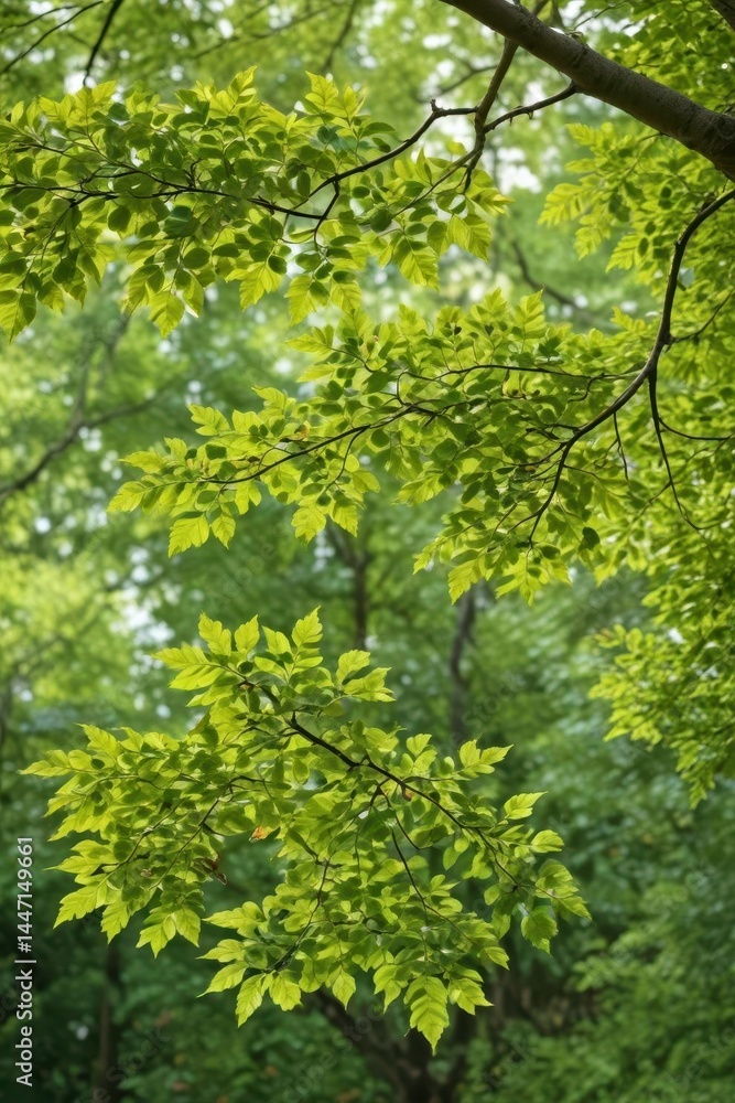A gracefully curving beech branch, laden with vibrant green leaves , spring, beauty A gracefully curving beech branch, laden with vibrant green leaves , spring, beauty
