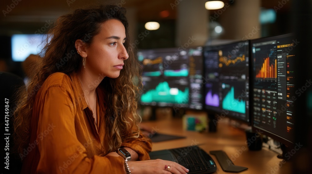 Focused Middle Eastern young woman analyzing data on multiple screens in office Focused Middle Eastern young woman analyzing data on multiple screens in office