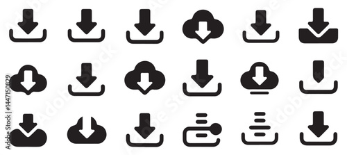 Black Silhouette of Digital File Download Arrow for Mobile App